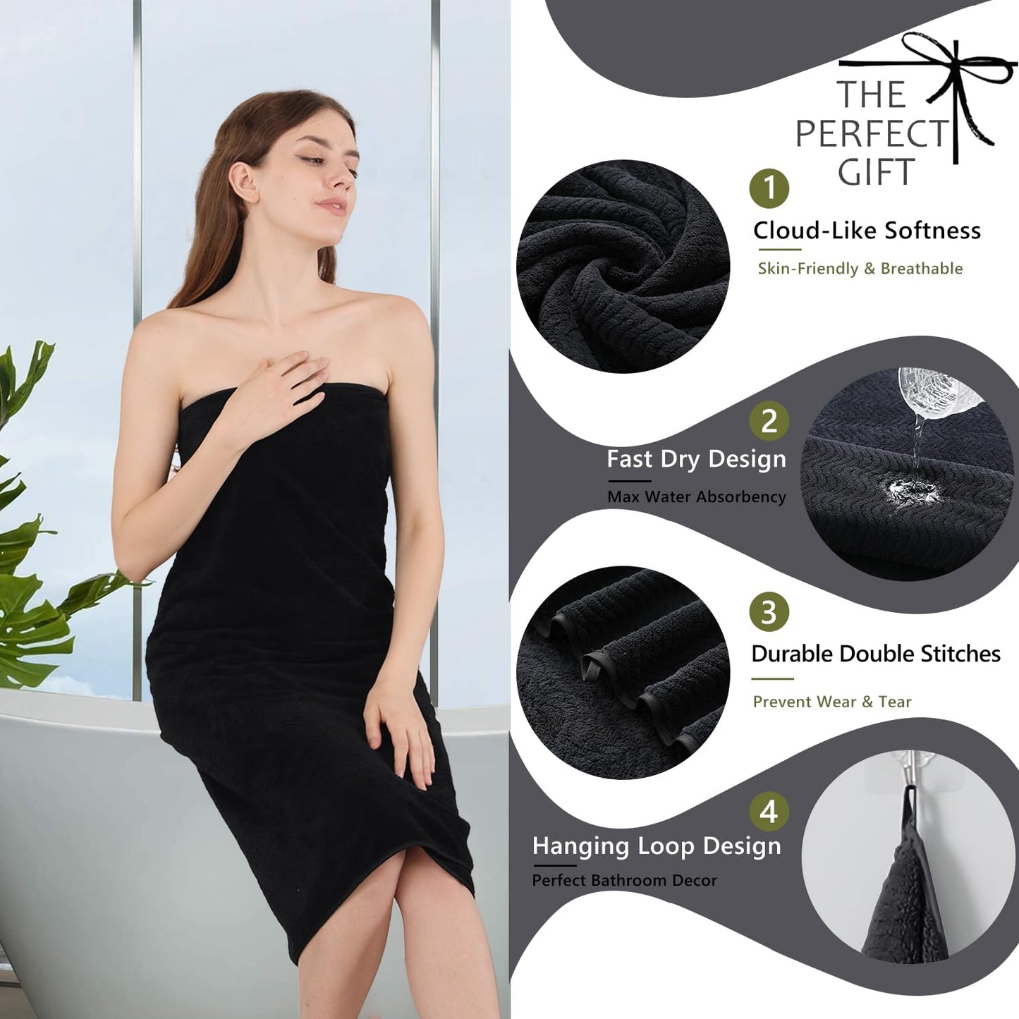 Jessy Home Black 8 Piece Bath Towel Set |2 Oversized Large Bath Sheet,2 Hand Towels,4 Washcloths| Soft Luxury Towel Set for Bathroom Hotel,Highly Absorbent Quick Dry 600GSM Bathroom Towel Collections