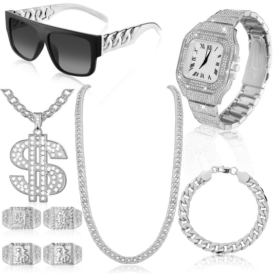 Equsion 9 Pcs Hip Hop Jewelry Set Dollar Sign Pendant Necklace Bracelet Diamond Watch Punk Sunglasses Ring for Men Halloween(Silver)