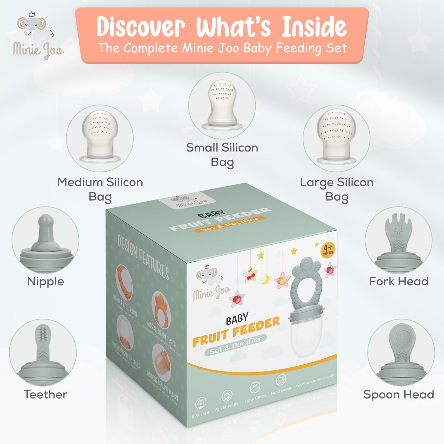 Minie Joo Baby Fruit Feeder Pacifier – 7-in-1 Silicone Teether Toy & Food Feeder with Spoon, Fork, and Interchangeable Heads – BPA-Free, Anti-Choke, Self-Feeding Set for Infants & Toddlers