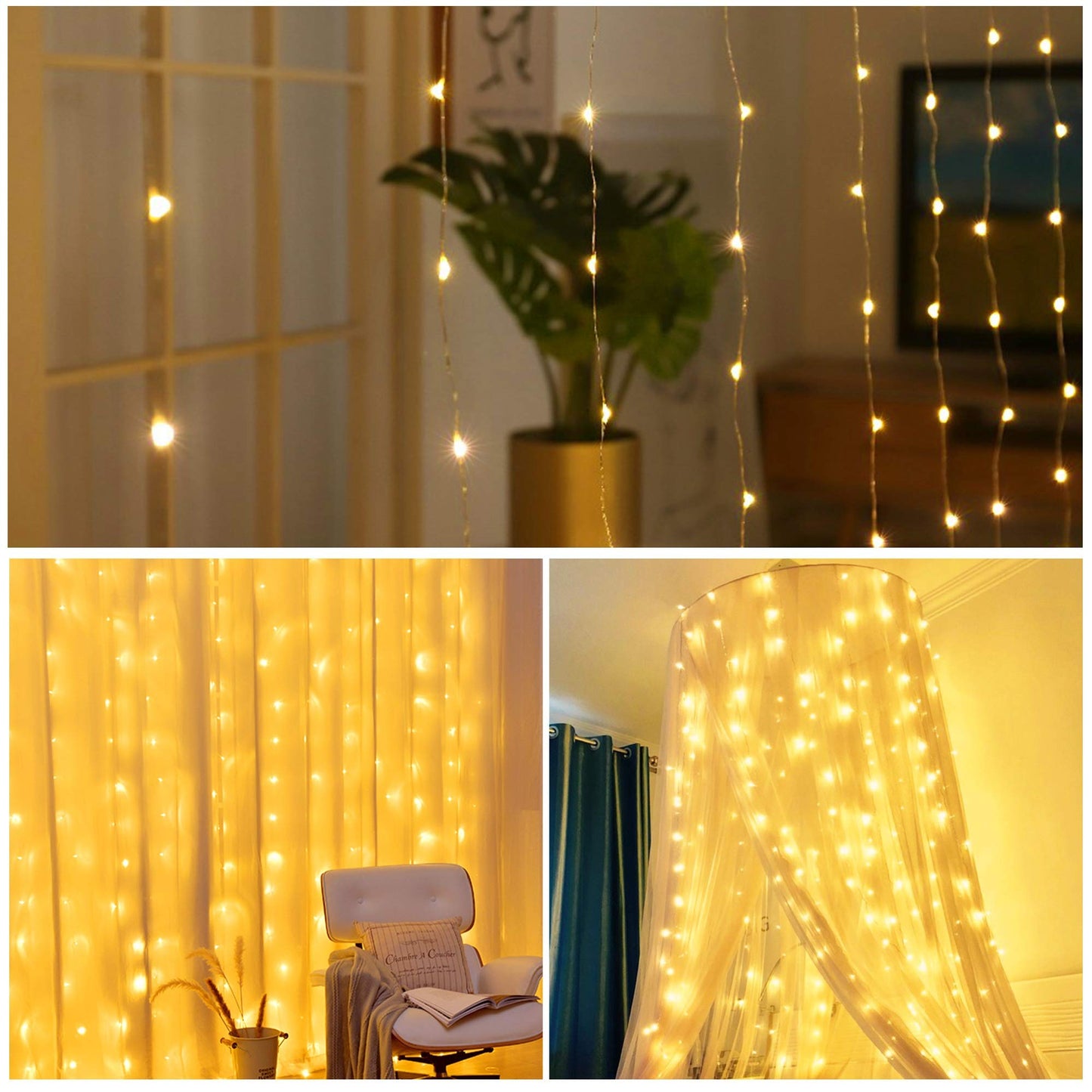 HOME LIGHTING Window Curtain String Lights, 300 LED 8 Lighting Modes Fairy Copper Light with Remote, USB Powered for Christmas Party Wedding Home Decorations (Warm White)
