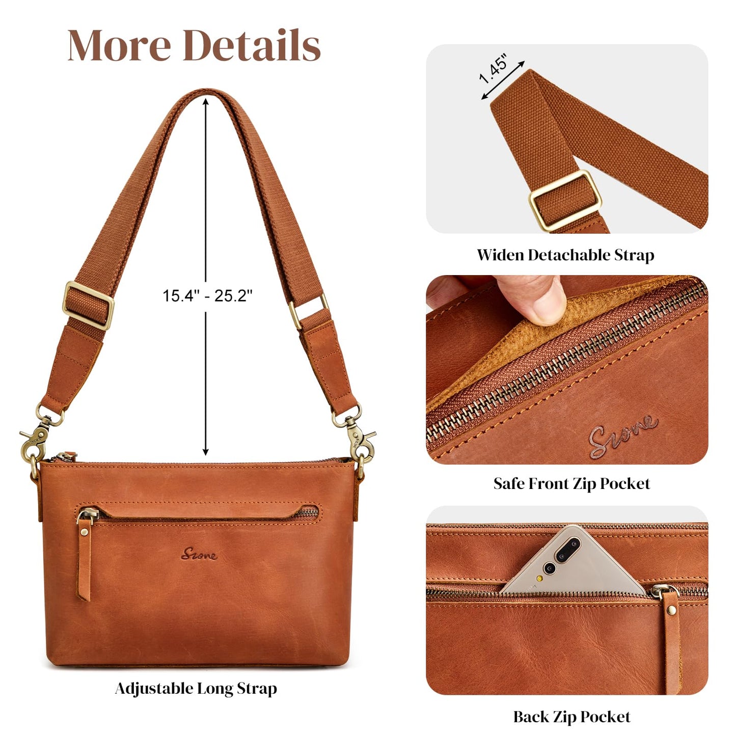 S-ZONE Crossbody Bags for Women Trendy Genuine Leather Small Shoulder Bag Purses with Wide Strap (Cognac)