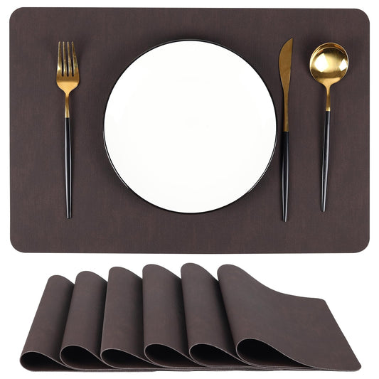 Luxury Brown Faux Leather Placemats Set of 6 – Heat Resistant, Waterproof, Non-Slip, Wipeable, Stain-Resistant Table Mats – Modern Dining Table Décor, Easy to Clean & Washable