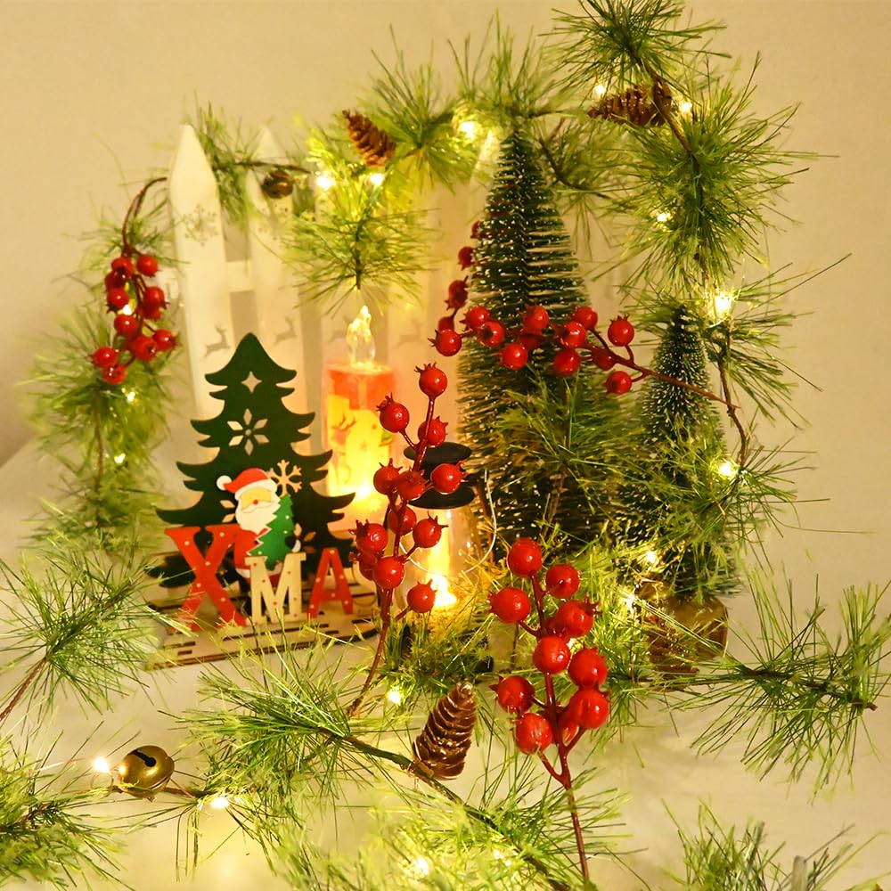 ChiRee Christmas Garland 6.56FT 30 LED Smokey Pine With Lights Battery Operated Pine Cone Red Berry Bells Green Decorations for Xmas Holiday Indoor Outdoor Home