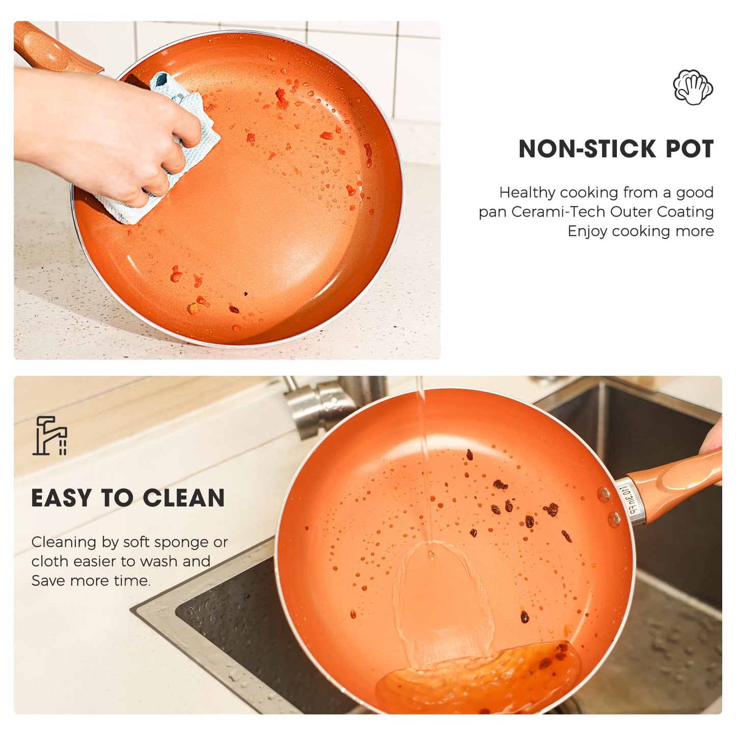 Clockitchen Non Stick Pots and Pan Set, 10pcs Cookware Set with Ceramic Coating, Non-toxic Cooking Pot, Compatible with All Stoves, Copper