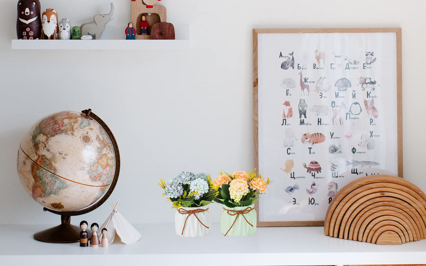 BLOSMON Fake Flowers in Vase for Centerpieces: 4 PCS Small Artificial Hydrangea with Vase Table Decor - Faux Floral Arrangements Desk Home Party Bathroom Office Decorations