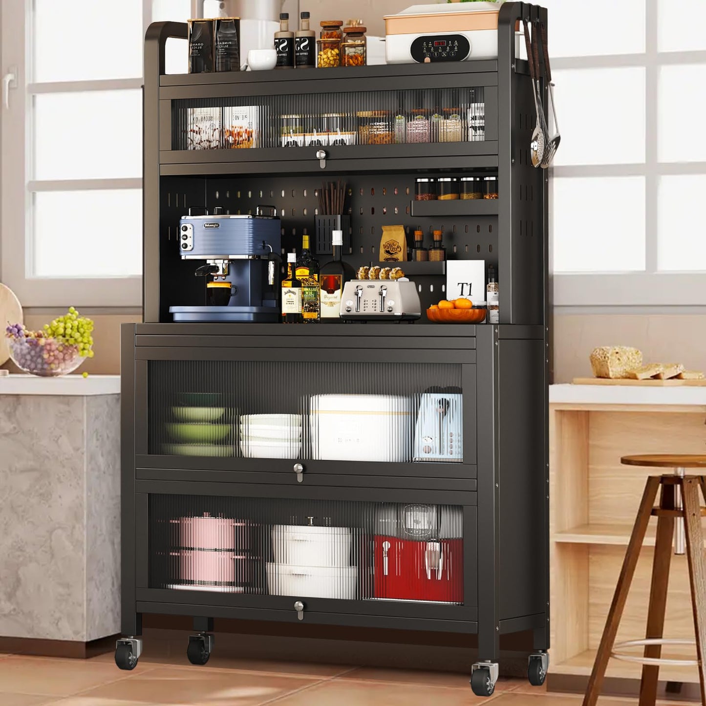 walkclpck Kitchen Cabinet with Acrylic Doors, Bread Rack with Switchable Universal Wheels, 63 Inch Microwave Stand, Farmhouse Coffee Bar Cabinet for Home, Dining Room, Kitchen, Black