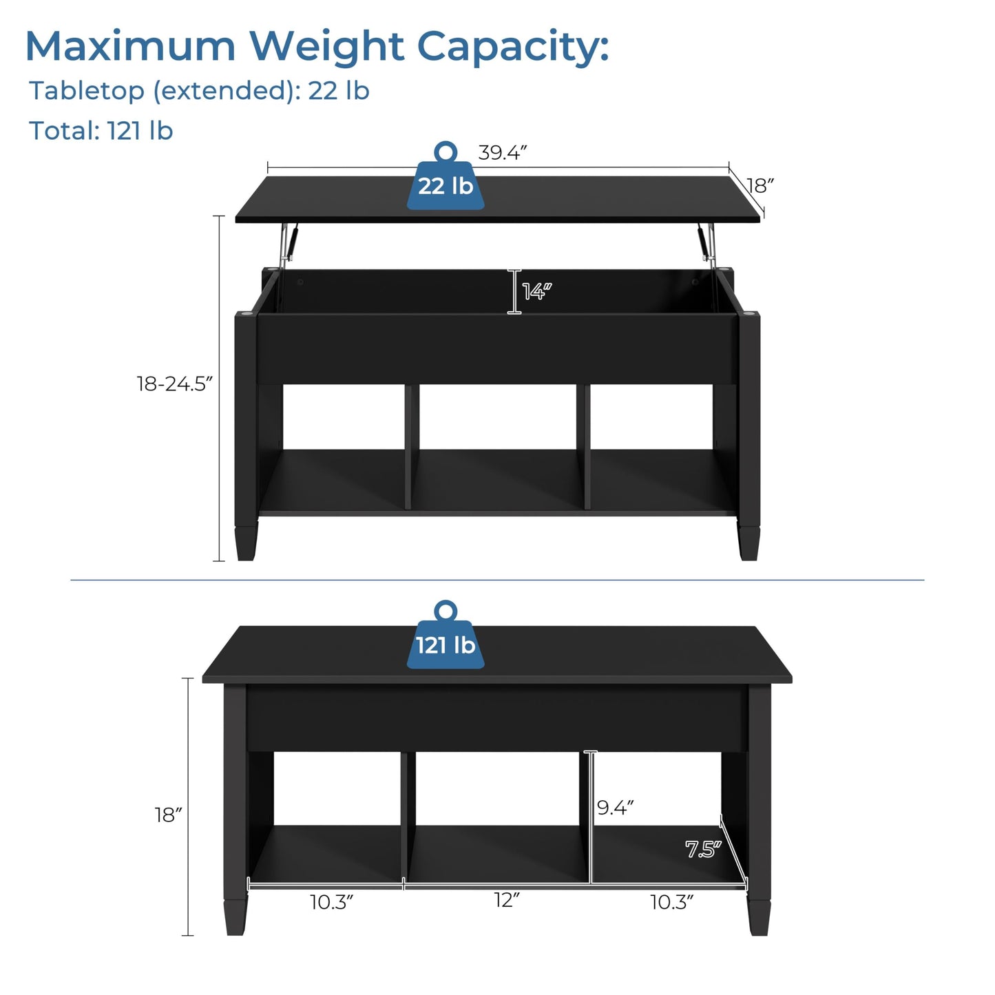 Yaheetech Coffee Table, Lift Top Coffee Table w/Hidden Storage Compartment & Lower 3 Cube Open Shelves, Lift Tabletop Center Tables for Living Room/Reception Room/Office, Black