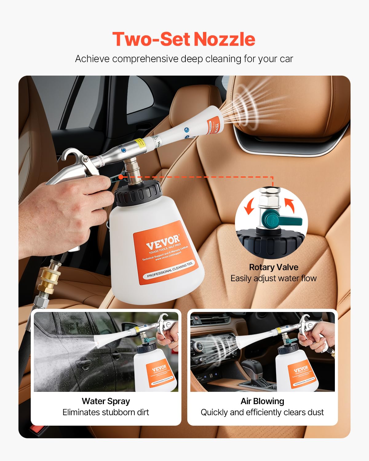 VEVOR Car Cleaning Gun, 6-9.2 Bar High-Pressure Air Blow Gun with 2 Set Nozzles & 1L Liquid Bottle, Vortex Cleaning Gun, Quickly Blasts Dirt and Dust from Surface, Work with 1/4 NPT Air Compressor