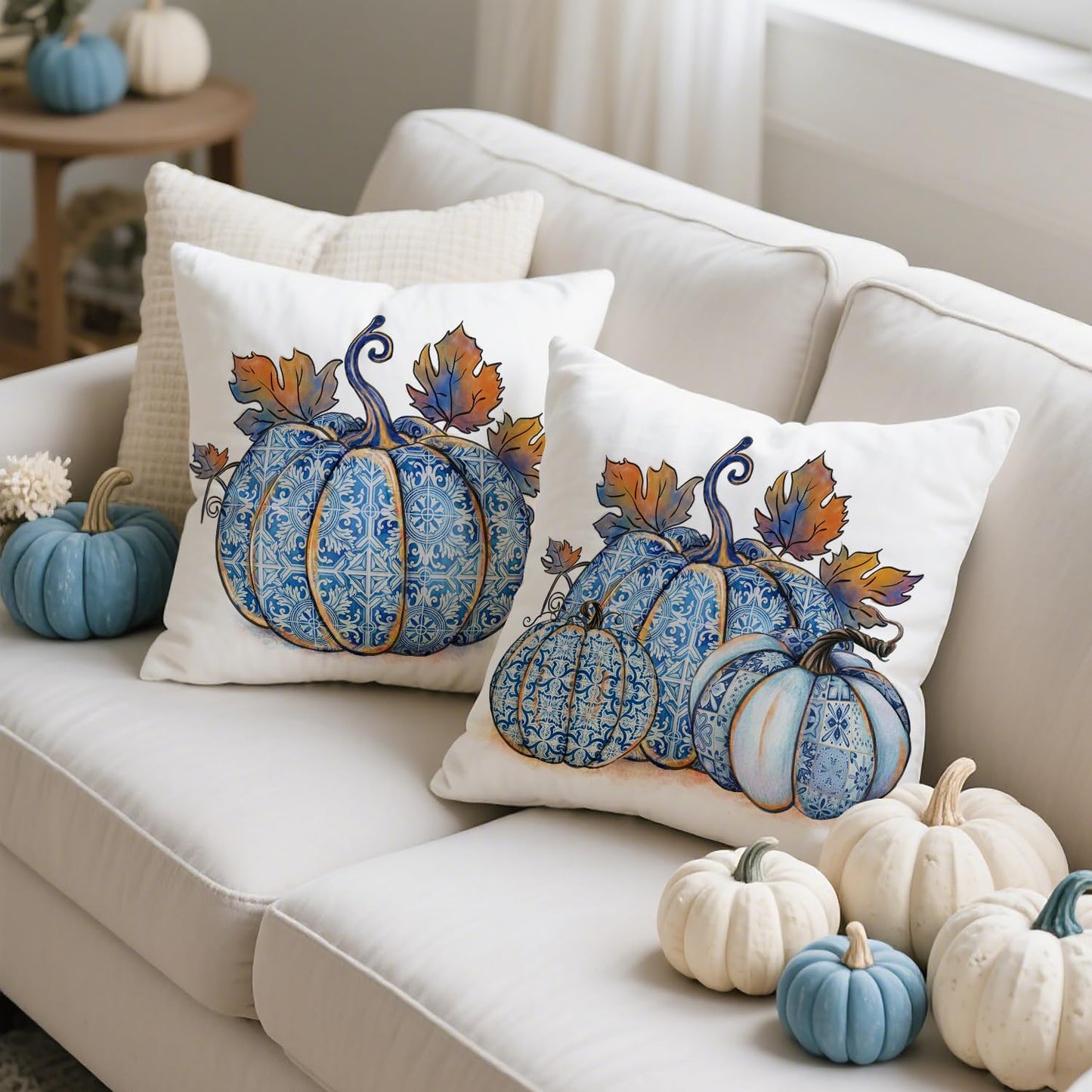 Puacino Fall Pumpjin Pillow Covers 18x18 Inch Set of 2, Blue Porcelain Pumpkin Decorative Pillow Cases for Couch Sofa, Autumn Harvest Farmhouse Decor Cushion Cover for Thanksgiving Home Decoration