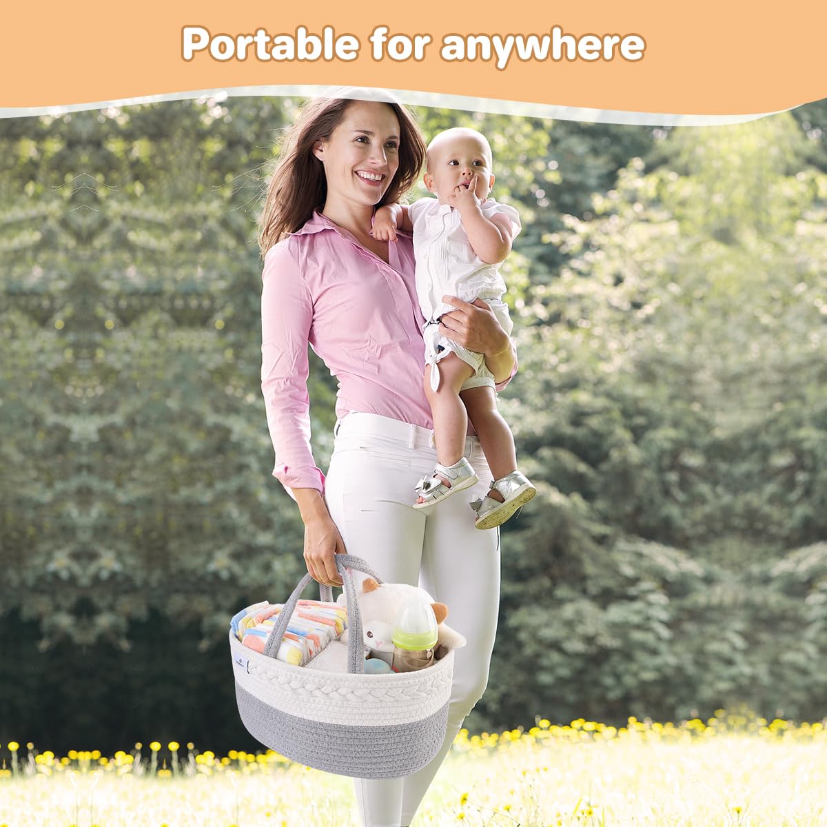 PHILORN Diaper Caddy Organizer, Cotton Rope Diaper Caddy Basket, Woven Diaper Caddy with Dividers, Nursery Storage Basket for Changing Table, Car Diaper Caddy, Baby Shower Gifts