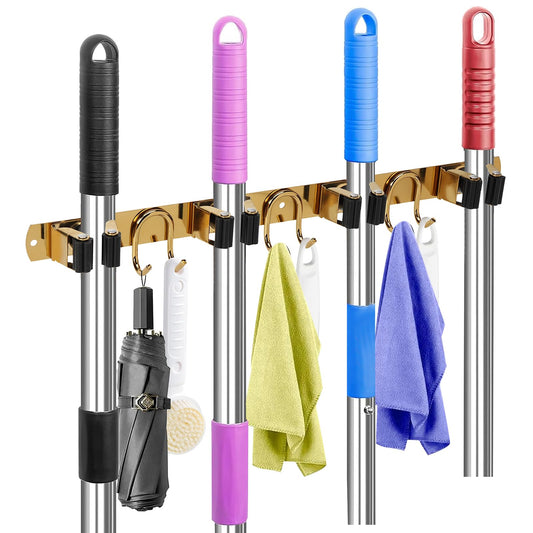 GUUKAR Mop Broom Holder Wall Mount, Gold Stainless Steel Tool Storage Organizer for Kitchen Garden Garage Laundry Room Bathroom and RV with 4 Slots 6 Hooks