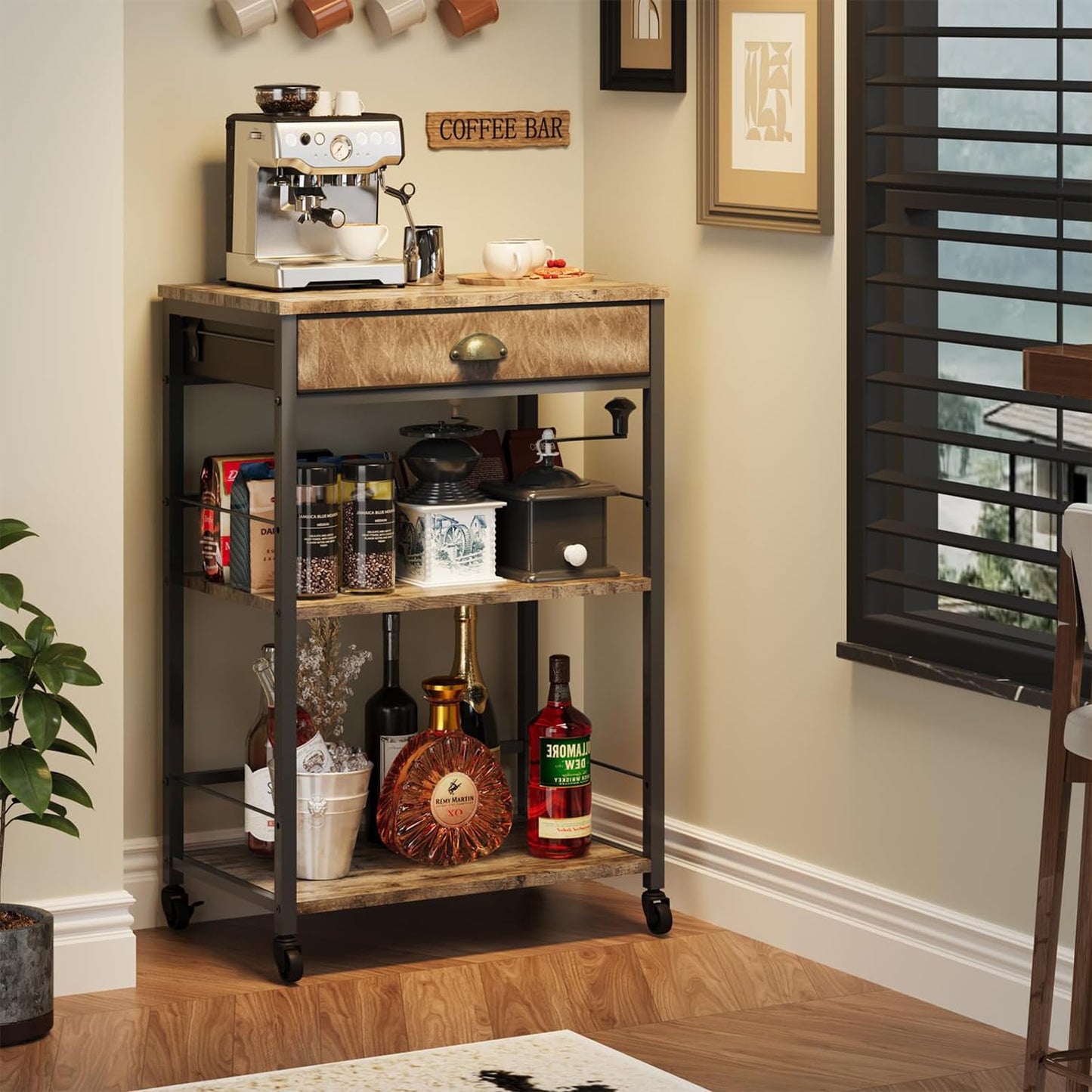 X-cosrack Coffee Bar Cart with Storage, 3-Tier Coffee Table with Drawer for Home Buffets & Sideboards,Coffee Station Corner Table with Rolling Wheels for Kichen, Entryway, Living Room-Patent