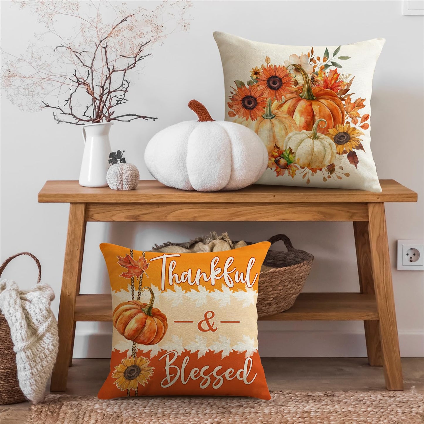NIGHTWISH Fall Pillow Covers 18x18 Set of 4 Thanksgiving Farmhouse Decorations Floral Pumpkin Outdoor Fall Decor Throw Pillow Covers Thankful Blessed Harvest Autumn Cushion Case for Couch Sofa
