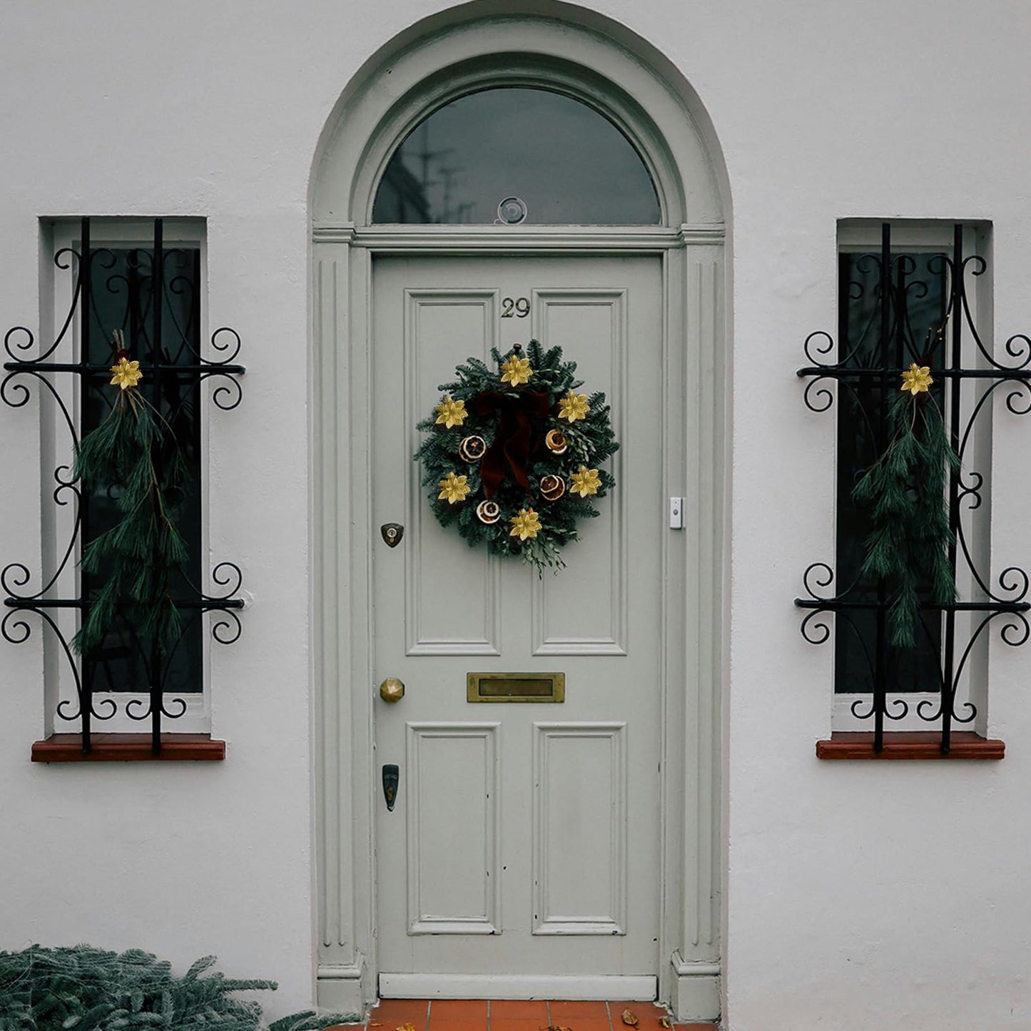 yuagolle Christmas Artificial Poinsettia Flowers: 12pcs Gold Poinsettia with Clips Silk Glitter Picks Fake Floral, for Decorations, Xmas Tree Decor, Wreath Garland Bulk, Wedding, New Year Ornaments