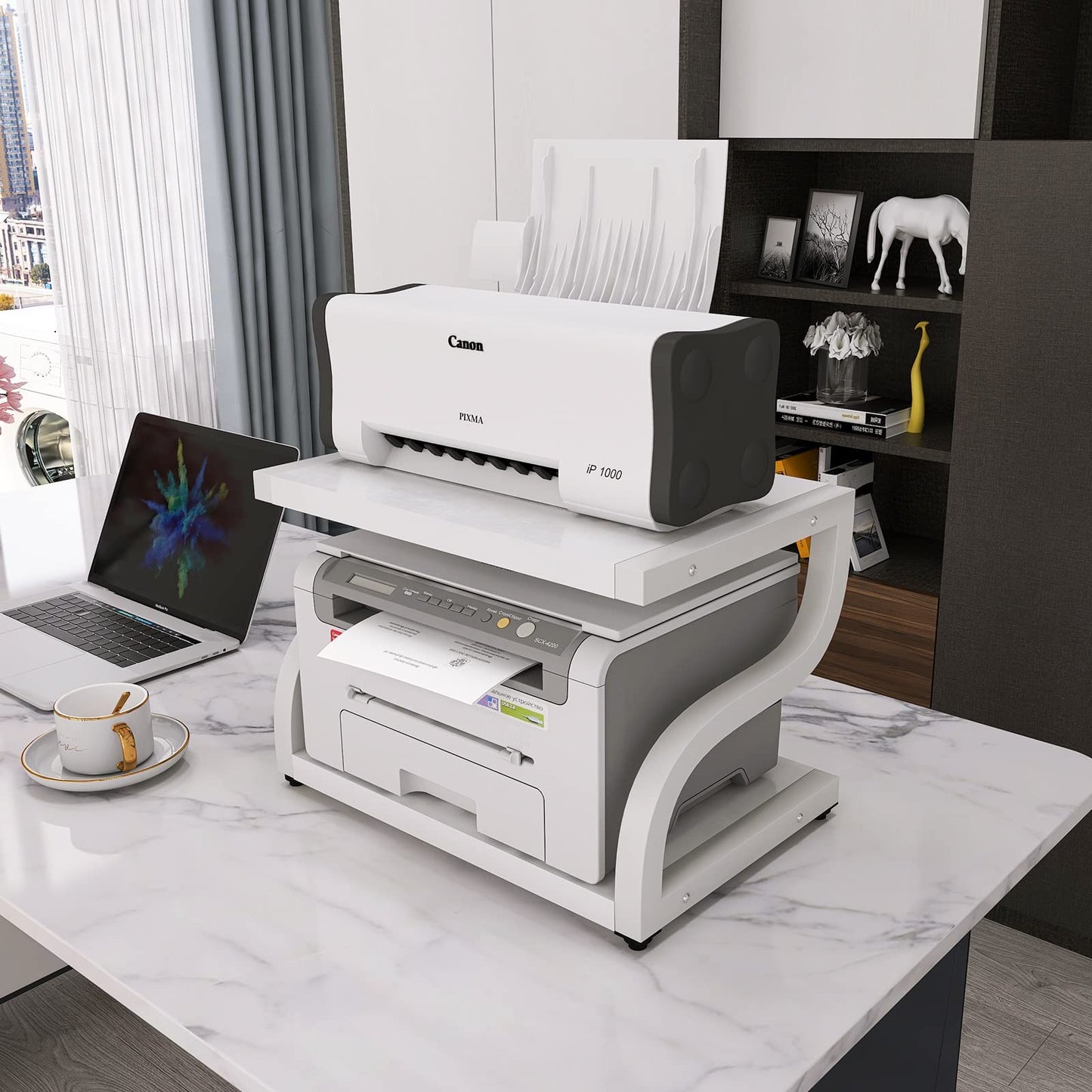 PUNCIA 2 Tiers Wood White Home Office Desktop Printer Stand Laser Printer Copier Stand with Storage Tabletop Heavy Duty Rack Desk Organizer Shelf Dual for Small Space Double Tiers Tray