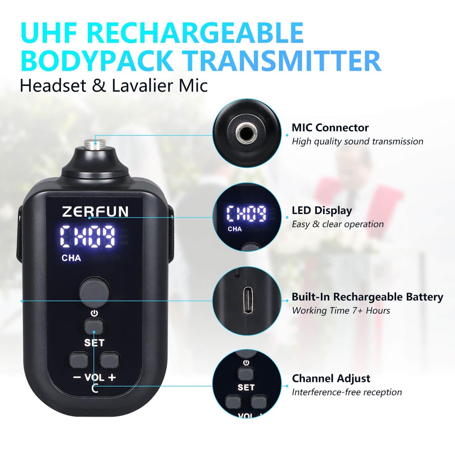 ZERFUN Rechargeable Wireless Microphone System 4 Channel Pro, UHF Metal Handheld Headset Lavalier Lapel Mics Cordless for Church Karaoke Singing with Volume Control, 4x50 Frequency(G8)