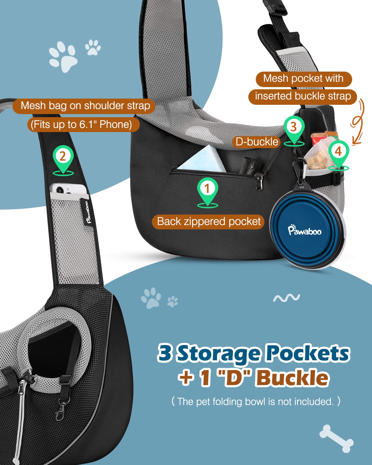 Pawaboo Dog Sling Carrier, Dog Papoose with Zipper Touch Pocket, Hand Free Breathable Mesh Puppy Carrier, Crossbody Satchel Dog Purse with Adjustable Strap for Outdoor Travel, Black, Small