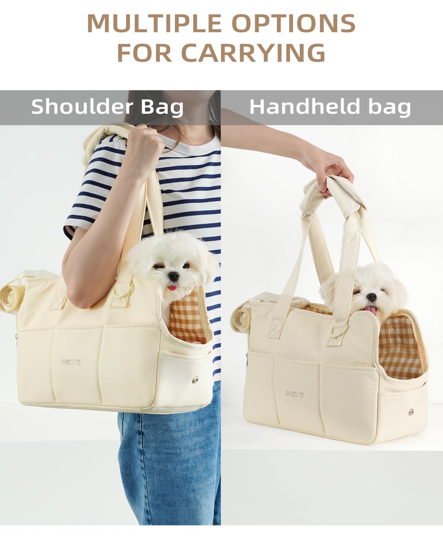 ONECUTE Dog Purse Carrier for Small Dogs Rabbit cat with Large Pockets, Cotton Bag, Dog Carrier Soft Sided, Collapsible Travel Puppy Carrier (Beige, 13.6" L x 6.5" W x 10" H)