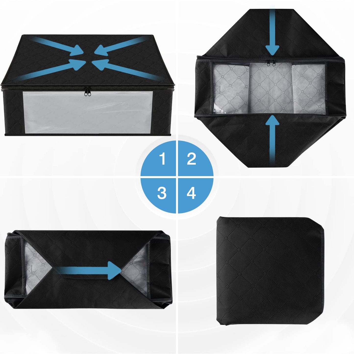 HomeHacks 6-Pack Clothes Organizer Storage Bags Foldable Storage Box with Large Clear Window Sturdy Handles for Closet, Dorm, Pillows, Bedding, Clothes, Stuffed Toys, Blankets, 35L, Black