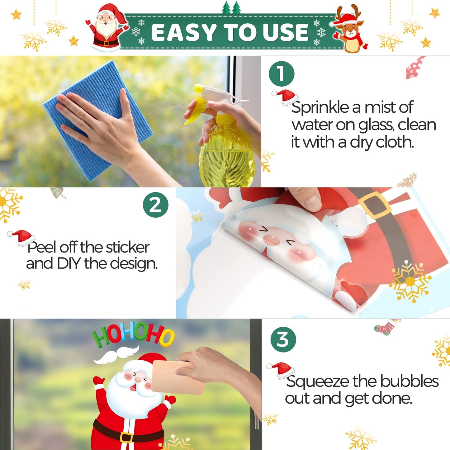 Christmas Window Clings 9 Sheets Christmas Window Stickers Santa Snowman Reindeer Xmas Snowflake Merry Christmas Window Clings, Double-Side Window Decals for Party Decorations Home School Glass