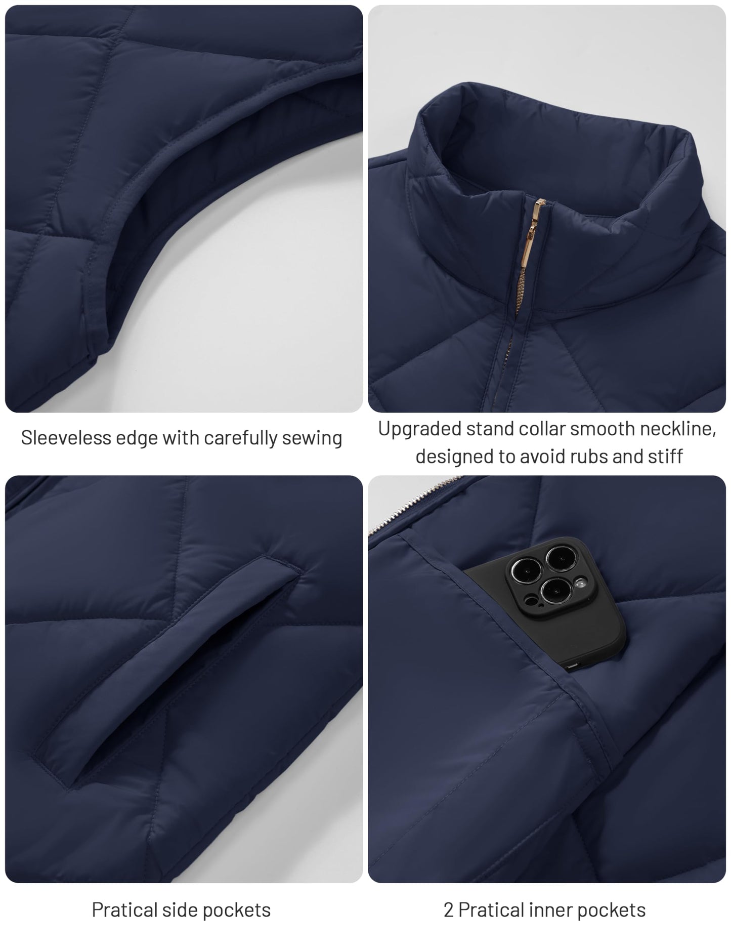 YUCOLEN Womens Quilted Vest 4 Pockets Zip Up Puffer Vests Lightweight Sleeveless Winter Warm Stand Collar Puffy Jacket Padded Outerwear Navy blue XL