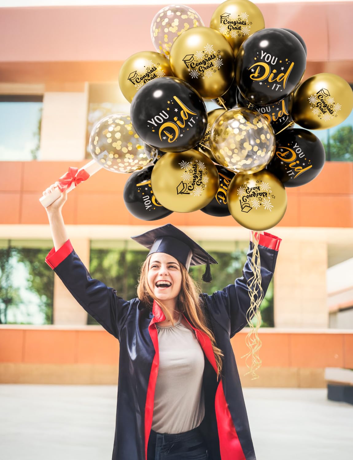 Graduation Balloons, Congrats Grad Balloons 12 Inch Black and Gold Balloon Class of 2025 Gold Confetti Latex Balloon for College High School Happy Graduation Party Decorations Supplies (18Pcs)