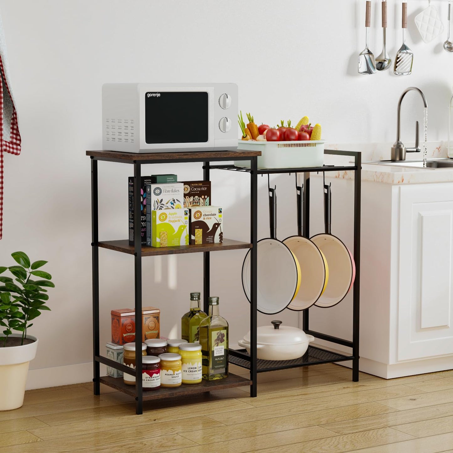 INHABIT UNION Kitchen Stand with Pots Rack Microwave Oven Stand with Storage, Small Bakers Rack Stand with 3 Hooks, Coffee Bar Table with Storage for Spices,Pots,Utensils,Pans,Foods,Rustic Brown