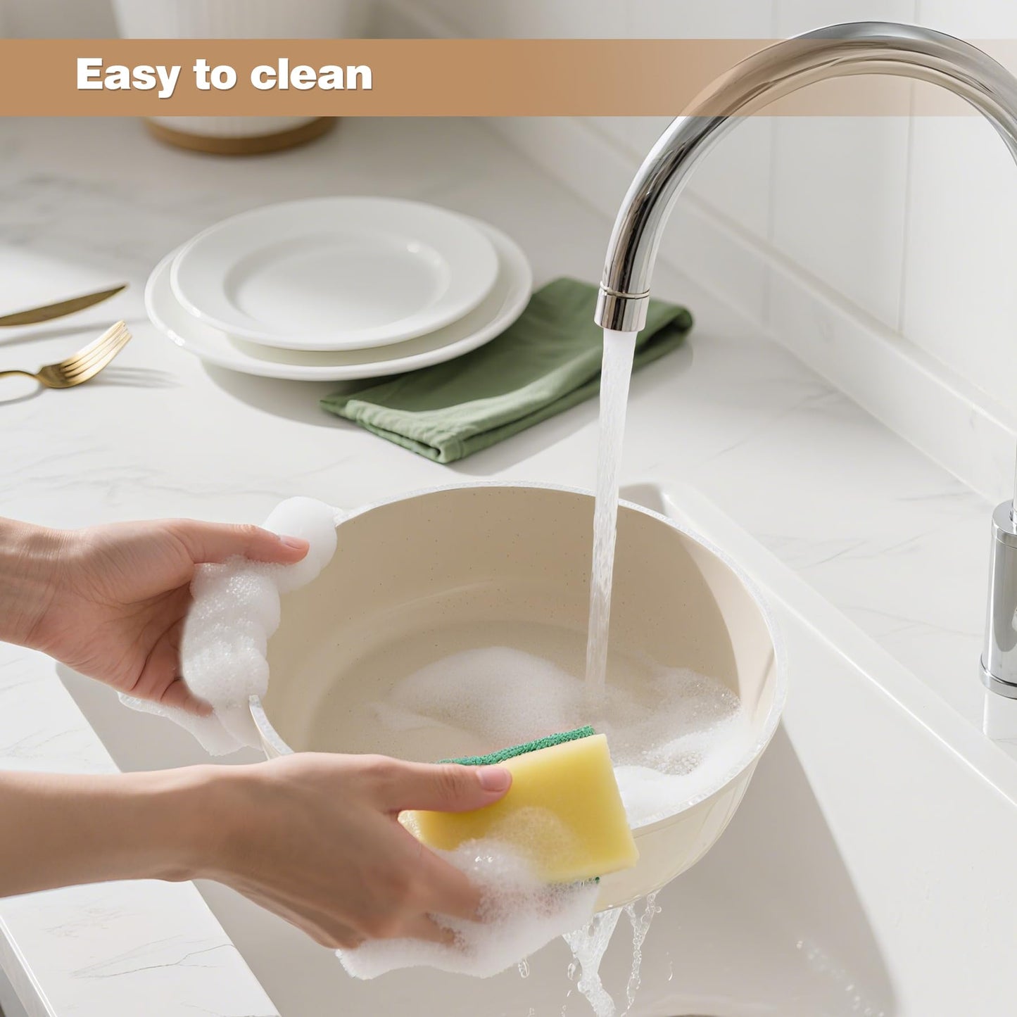 Zalnuuk 6 PCs pots and pans set non stick, Nonstick Kitchen Cookware Set, 2 Detachable/Removable Handles, Induction RV Kitchen Set, Oven Safe, Cream White