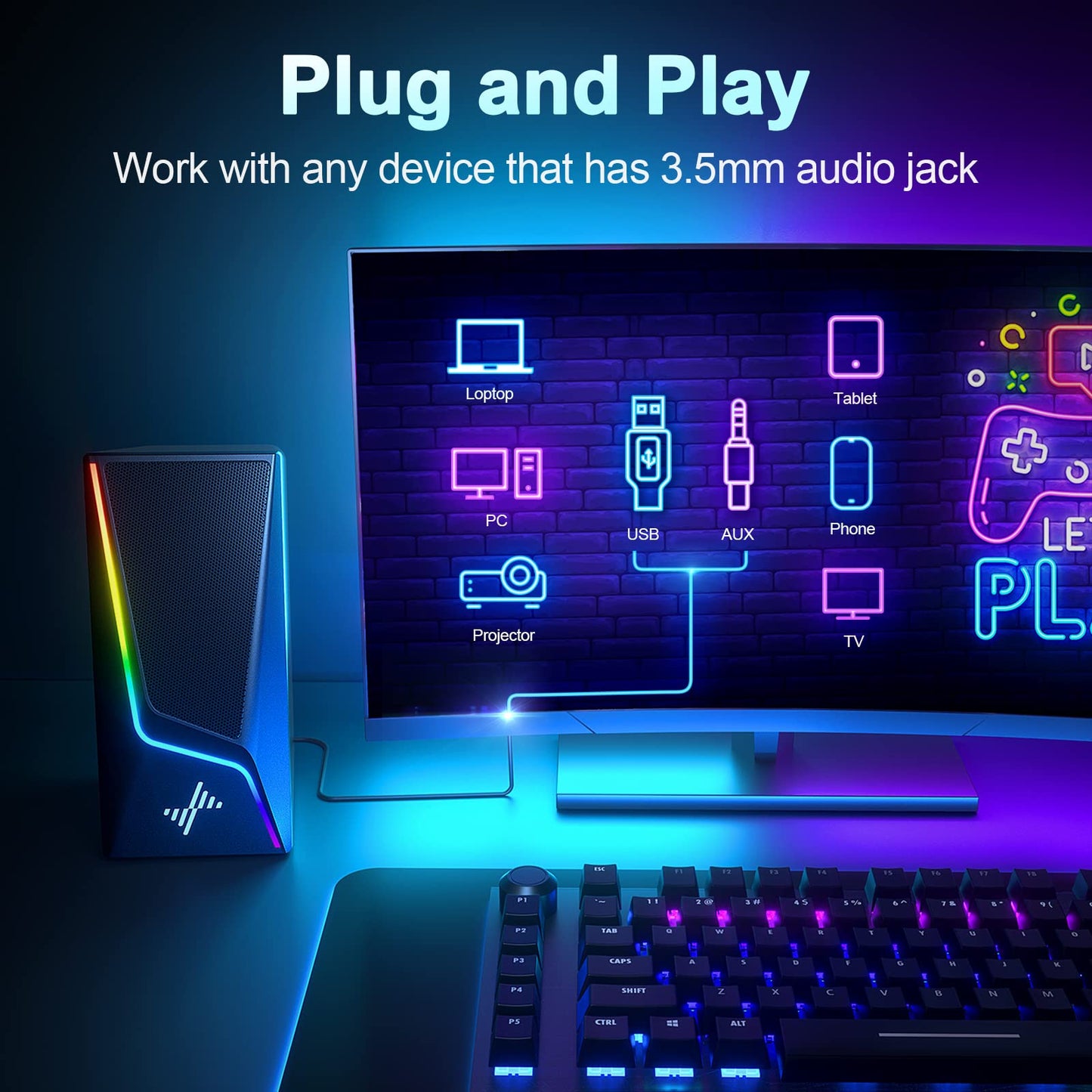 Computer Speakers, PC Speakers with 6 Lighting Modes, USB Powered Computer Speakers for Desktop Monitor with 2 Bass-Boost Ports, 2 Speaker Units, and 3.5mm Aux-in Cable for PC, Laptop, Tablet, Phone