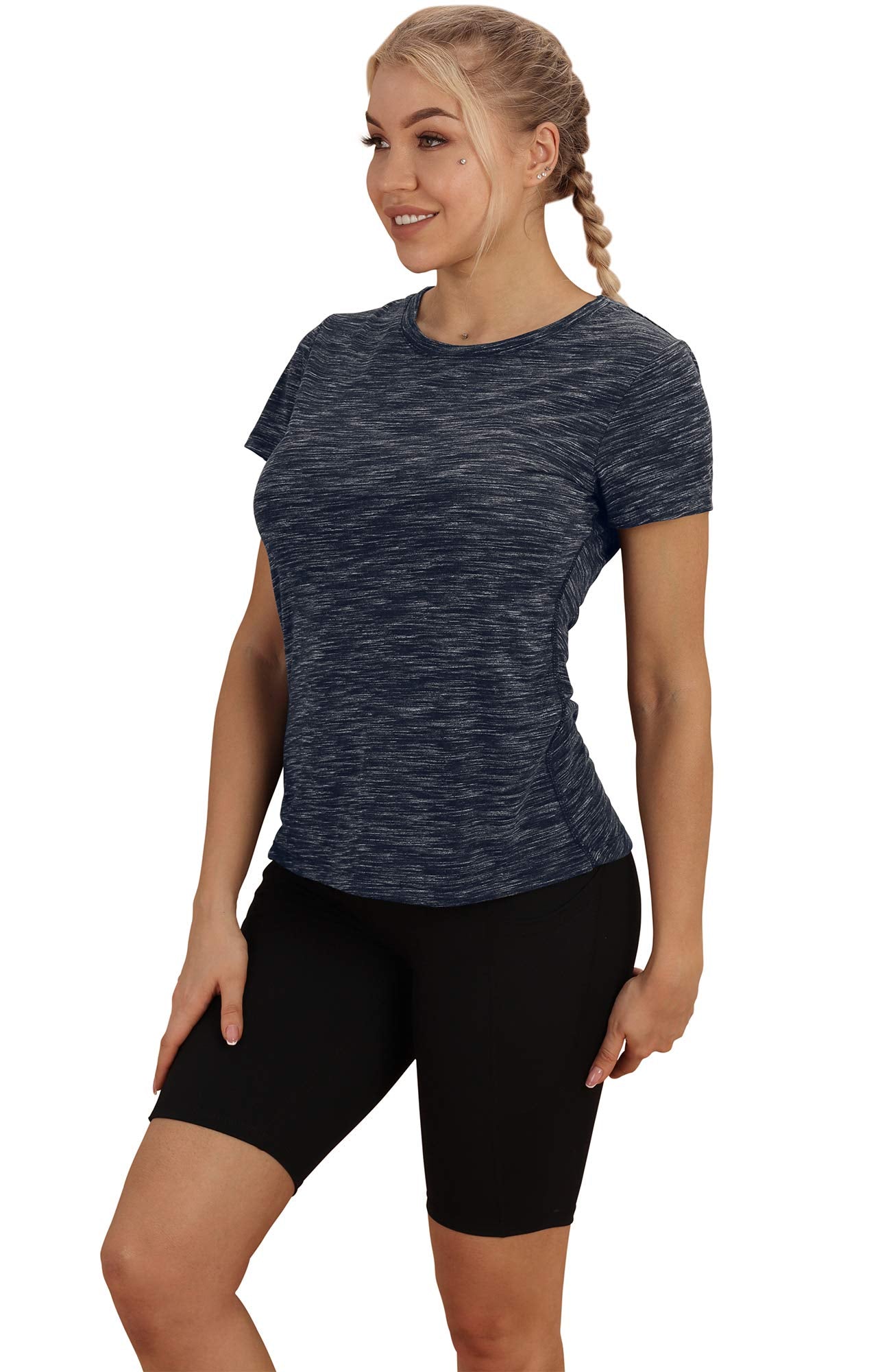 icyzone Workout Shirts for Women - Yoga Tops Gym Clothes Running Exercise Athletic T-Shirts for Women (Black/Navy, S)