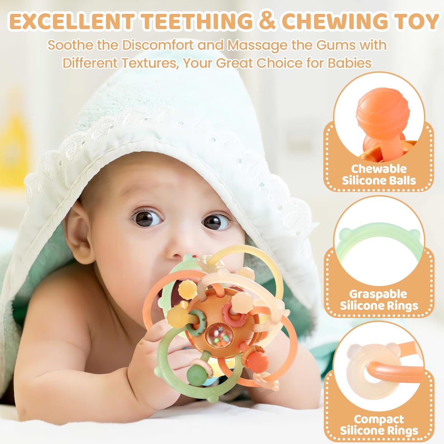 Orzbow Baby Sensory Teething Toys, Infant Montessori Teether Ball, Silicone Baby Rattle Ball Toy, Babies Chew Toys for 3-6-12-18 Months Sucking Needs, Teethers Relief, BPA Free, Brown
