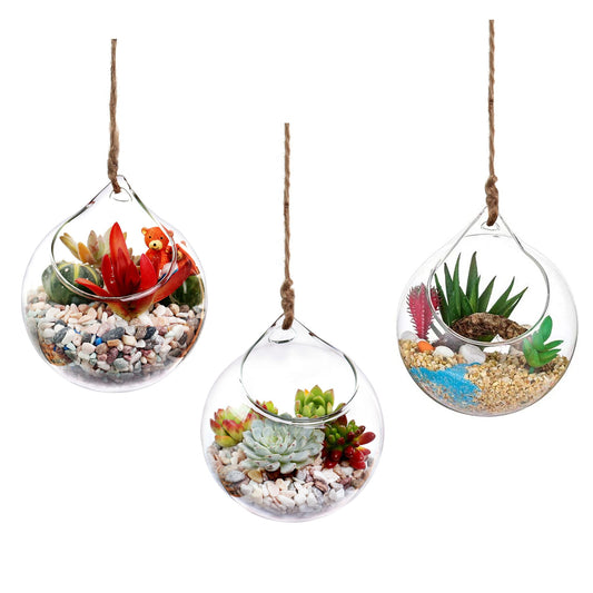 Ivolador Hanging Planter Glass Terrarium Container Air Plant Holder Succulents Globe Shape Home Garden Decor-4.7 Inches-3PCS