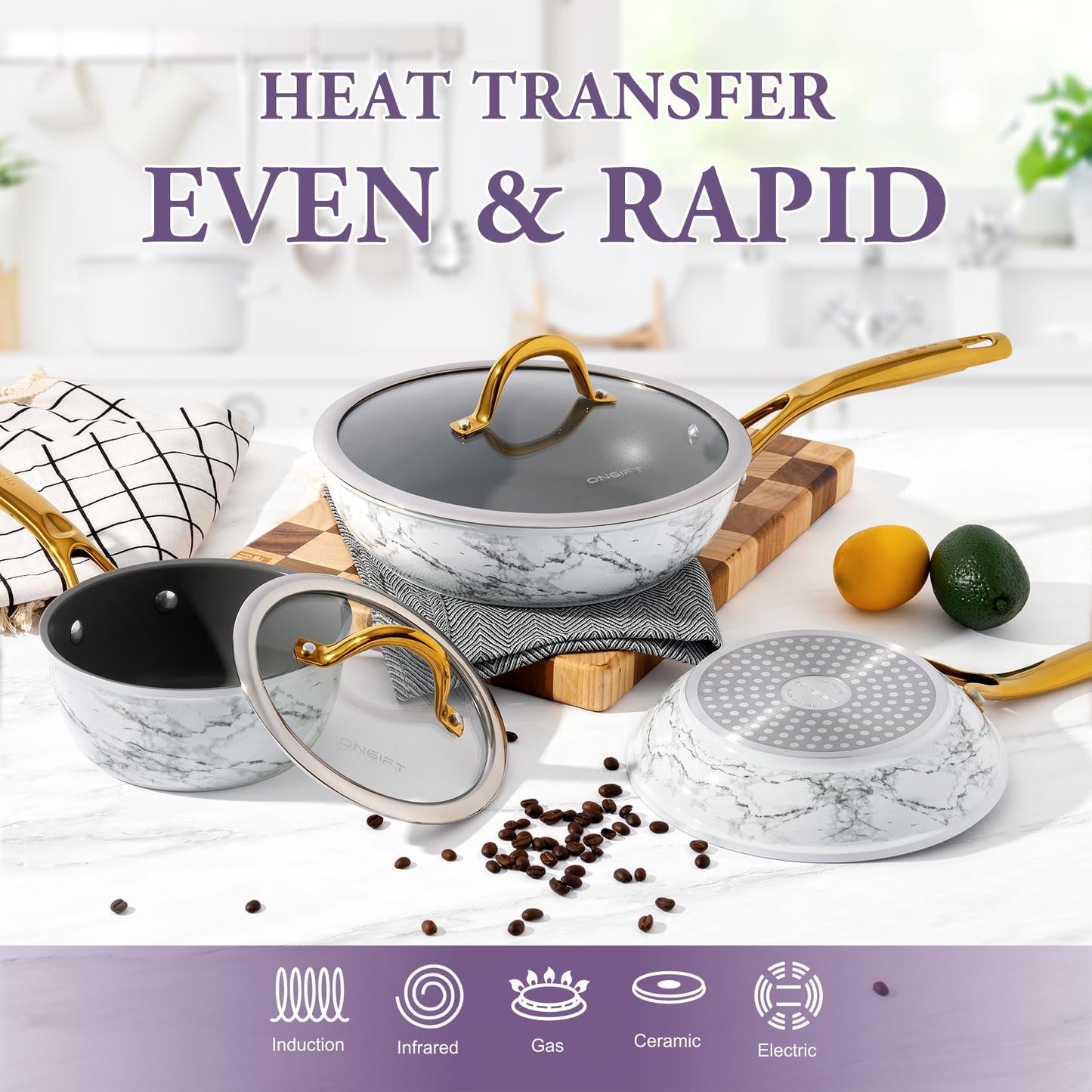 ONGIFT 16Pcs Nonstick Cookware Sets, Kitchen Pots and Pans Set Non Stick for Cooking, Non Toxic Induction Cookware, Oven & Dishwasher Safe, Mable White