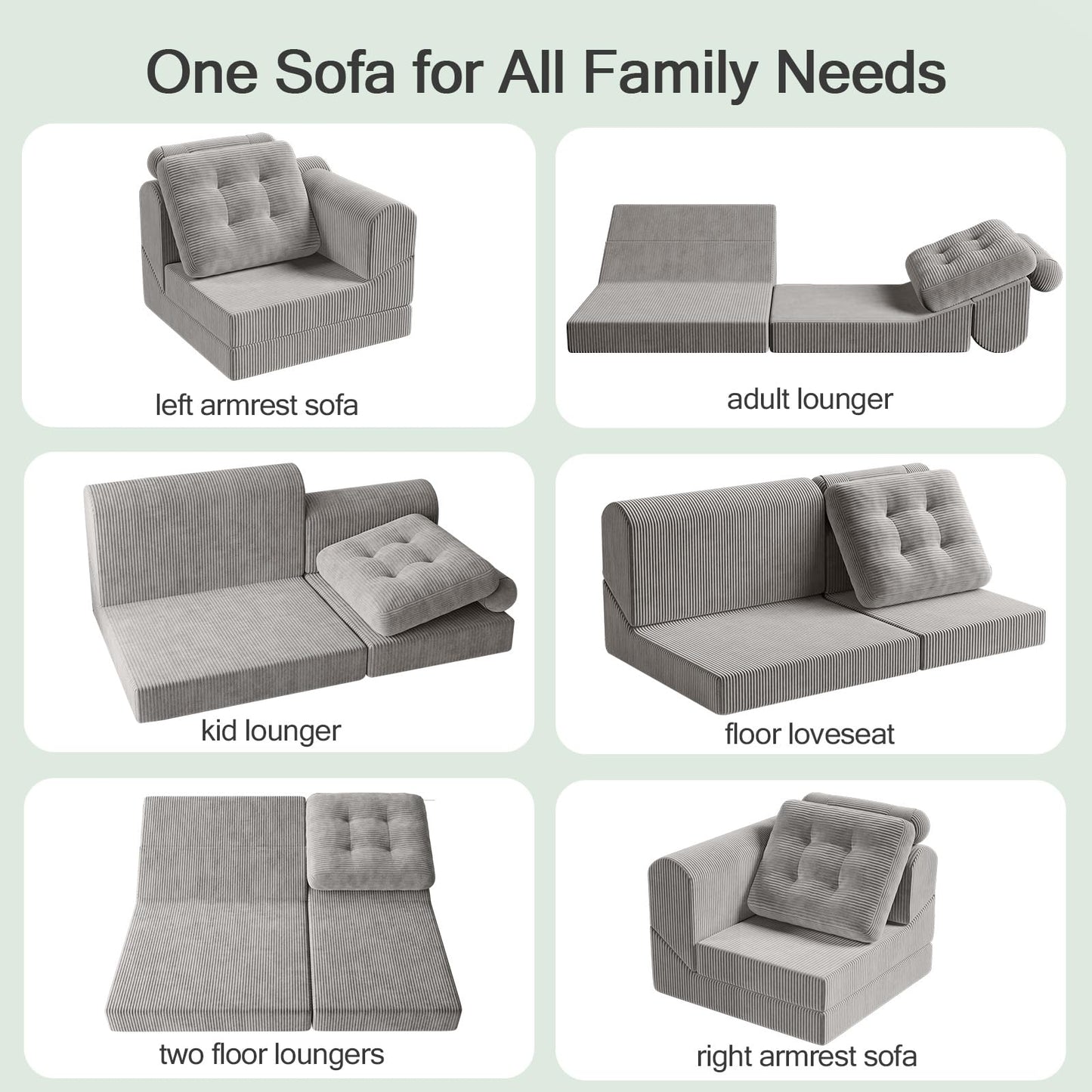 COMAX Folding Sofa Bed, 8-in-1 Foldable Floor Couch Corduroy Convertible Futon Sofa, Fold Out Chair Bed Sleeper Mattress Comfy Portable Lounge Loveseat Guest for Living Room Bedroom, Light Grey