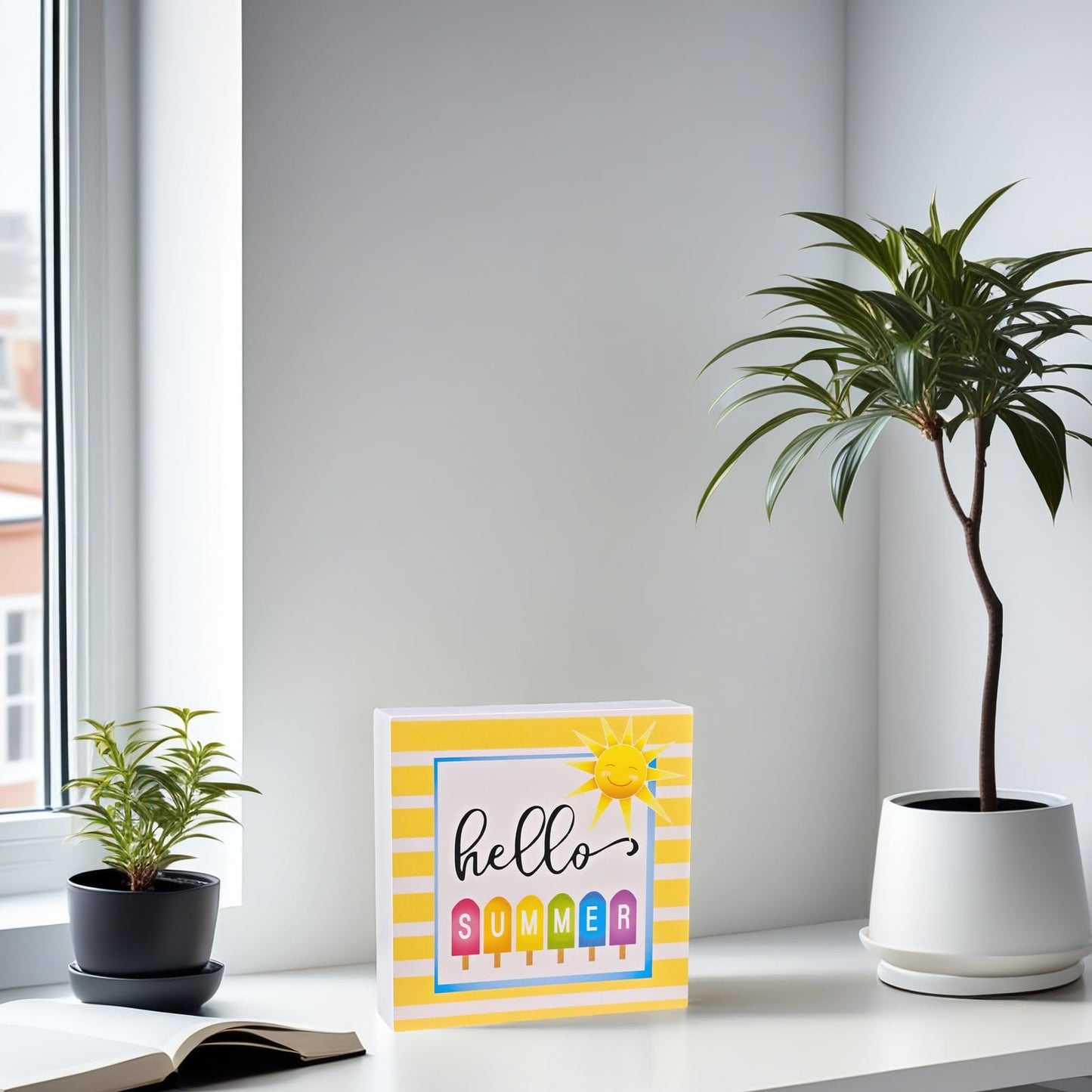 Summer Decor Summer Decorations for Home Hello Sunshine Popsicle Wood Box Sign Rustic Wooden Shelf Desk Decor Season House Warming Gifts 5.9 x 5.9 Inch