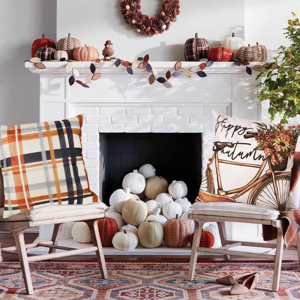 Heirloom Haven 4pcs Hello Fall Pumpkin Throw Pillow Covers 18x18, Autumn Thanksgiving Buffalo Plaid Polka Dots Floral Bicycle Outdoor Home Decor Cushion Cases Seasonal Pillow Cases for Sofa Couch