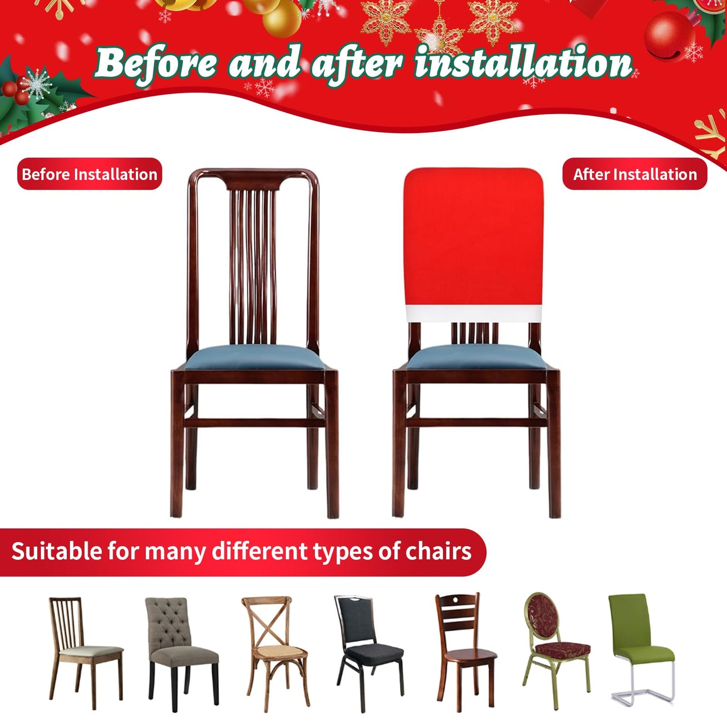 Poxtedsr Red Hat Dining Chair Slipcovers 4pcs, Christmas Chair Covers Set, Kitchen Chair Cover Xmas Indoor Decor Ornaments Set for Christmas Holiday Festival Decoration