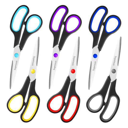 Scissors Set of 6-Pack, 8" Scissors All Purpose Comfort-Grip Handles, Sharp Scissor for Office Home School Craft Sewing Fabric Supplies, High/Middle School Student Teacher, Right/Left Hand