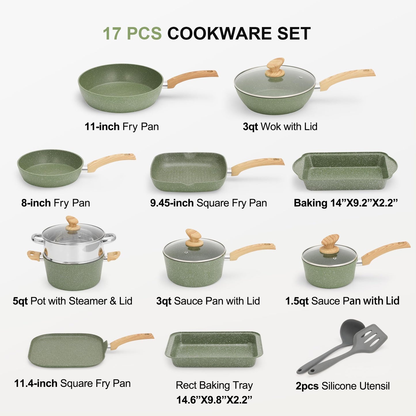 MAISON ARTS 17 Piece Pots and Pans Set Non Stick, Kitchen Cookware Sets with Nonstick Granite Stone Coating, Suitable for Induction Cooktops, Green