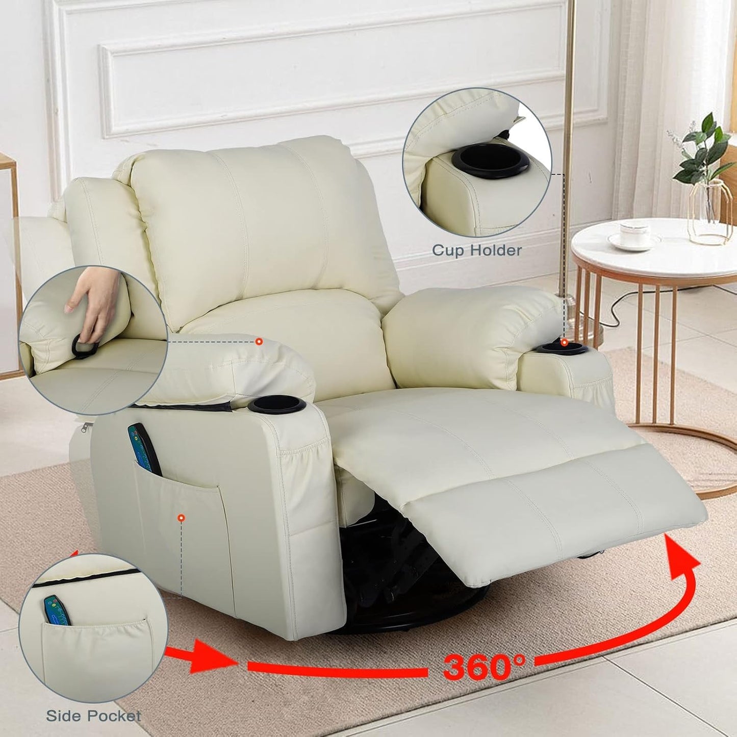 KCREAM White Recliner Rocker Chairs with Heat,Massage Chair Recliner Oversized Leather Swivel Recliners for Living Room, Manual Reclining Lounge Chairs Overstuffed Single Sofa Chair for Adults