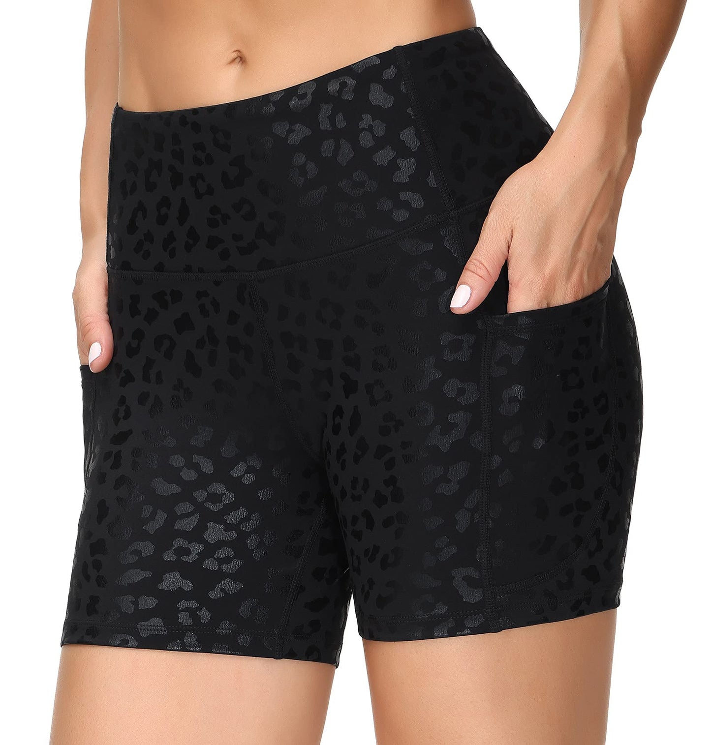 THE GYM PEOPLE High Waist Yoga Shorts for Women Tummy Control Fitness Athletic Workout Running Shorts with Deep Pockets (Medium, Black spot Leopard)