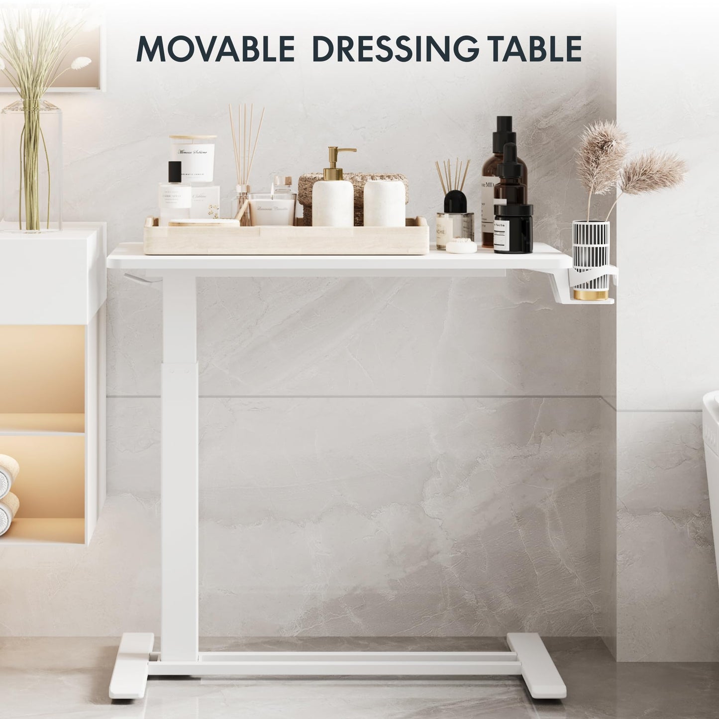 FLEXISPOT H7 Adjustable Overbed Bedside Table with Wheels Pneumatic Mobile Standing Laptop Desk Rolling Computer Cart Movable Overbed Table Hospital Home Use (31.5" W x 17.7" D, White Large)