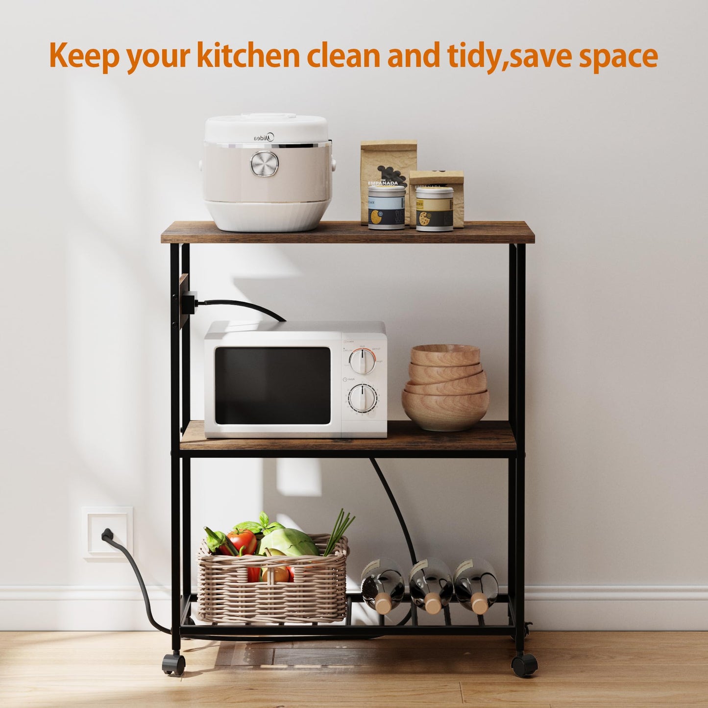 INHABIT UNION Kitchen Island with Power Outlet, 31.49" L Rolling Kitchen Cart with 3 Tier, Industrial Island Counter with Large Workstation, for Kitchen, Dining Room, Rustic Brown and Black