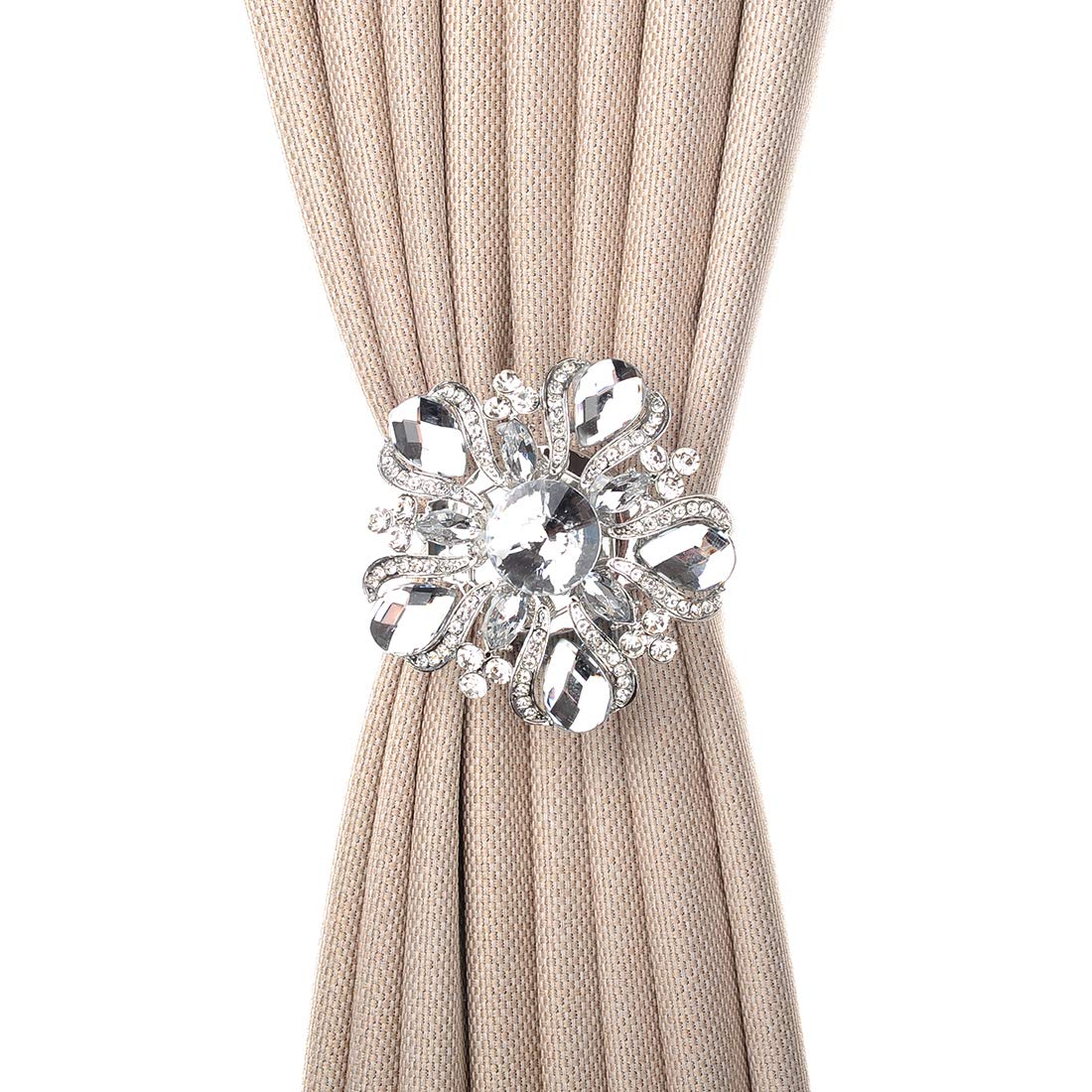 SUQ I OME Luxury Big Crystal Magnetic Curtain Tieback and Holdback Flower Curtain Clips Buckle Curtain Holder for Home Office Decoration (Silver A,2PCS)