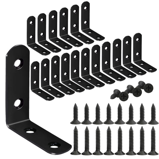 18-Pack L Shape Corner Brackets, Stainless Steel Metal Angle Braces for Wood Furniture, Heavy Duty Black 2 inch Shelf Bracket with Long Screws for Household Project (L Shape Black)