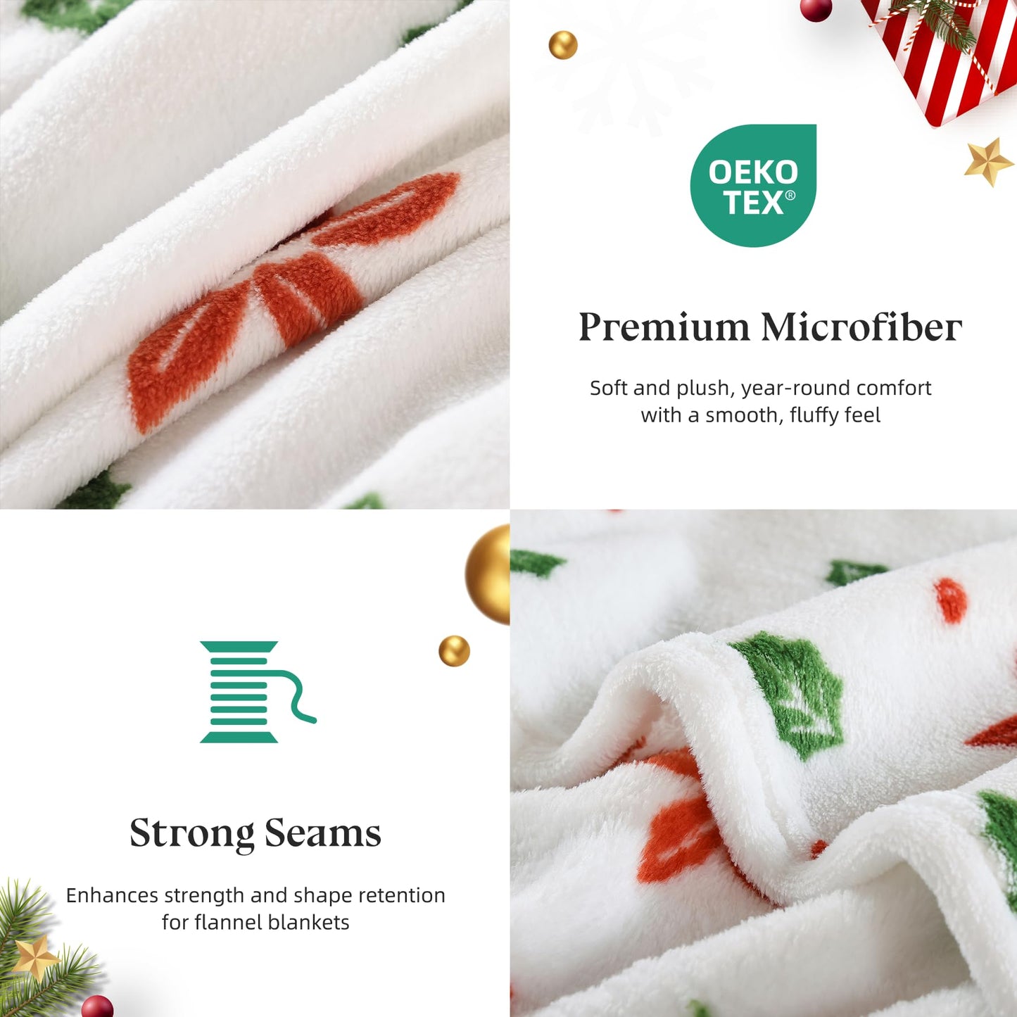 Fleece Print Throw Blanket, Super Soft Plush Cozy Fuzzy Red Floral and Green Leaves Printed Throw Blankets for Couch Sofa Bed, and Home Décor, Microfiber Flannel, All Seasons 50x60 Inches