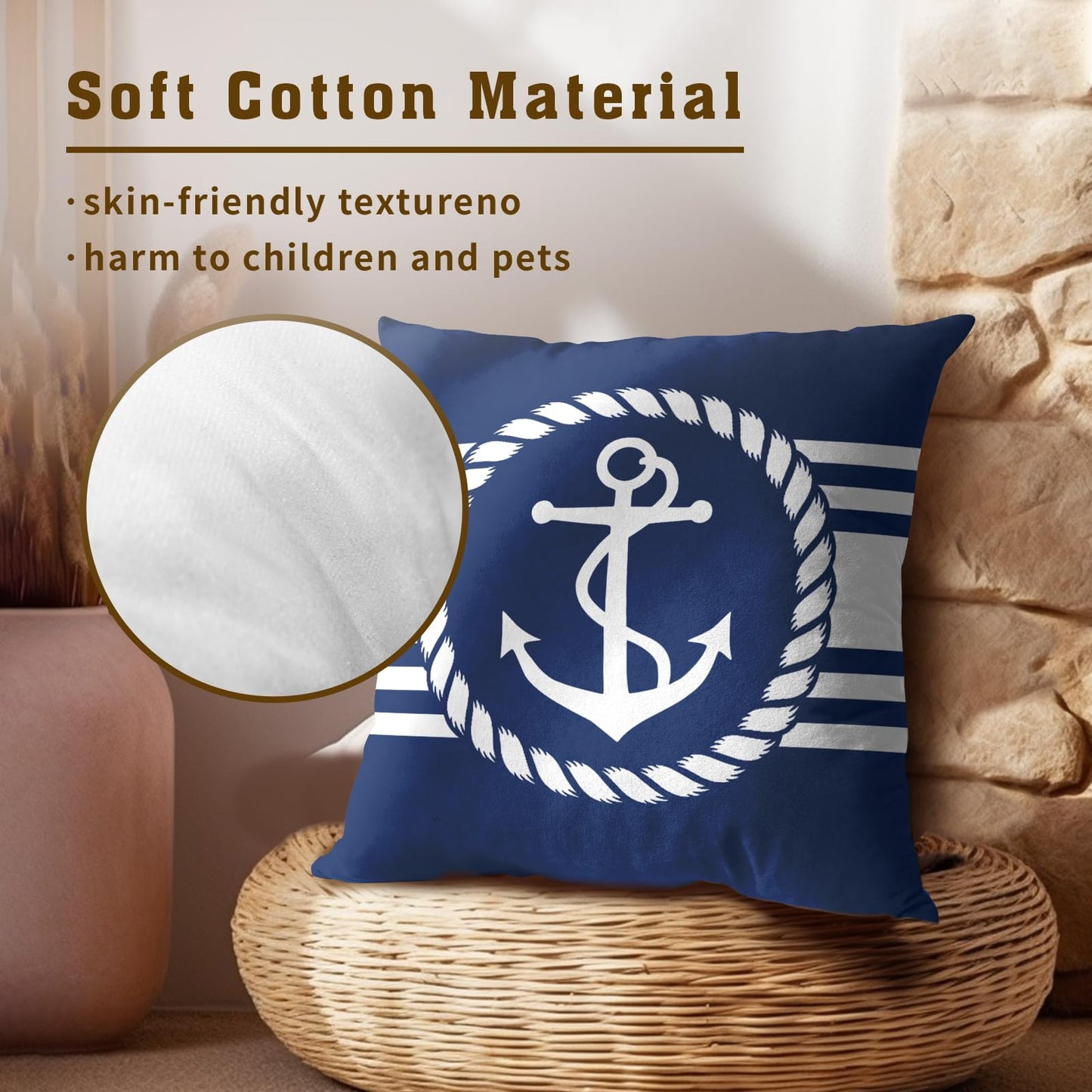 Navy Blue and White Anchors Pillowcovers Ocean Summer Throw Pillow Covers Coastal Nautical Cushion Case for Sofa Home Decor Bedroom Living Room Outdoor 18 x 18 Inches Set of 2 Beach Theme Pillow Cover
