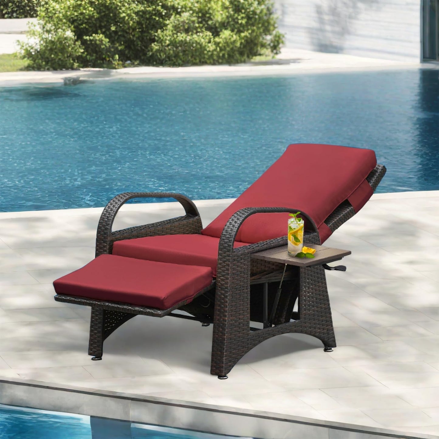 ATR ART TO REAL Outdoor Recliner Chairs, PE Wicker Reclining Lounge Chair with Removable Soft Cushion, Adjustable Outside Recliners for Patio, Porch, Poolside, Balcony, Lawn (Red, 2 PCS)