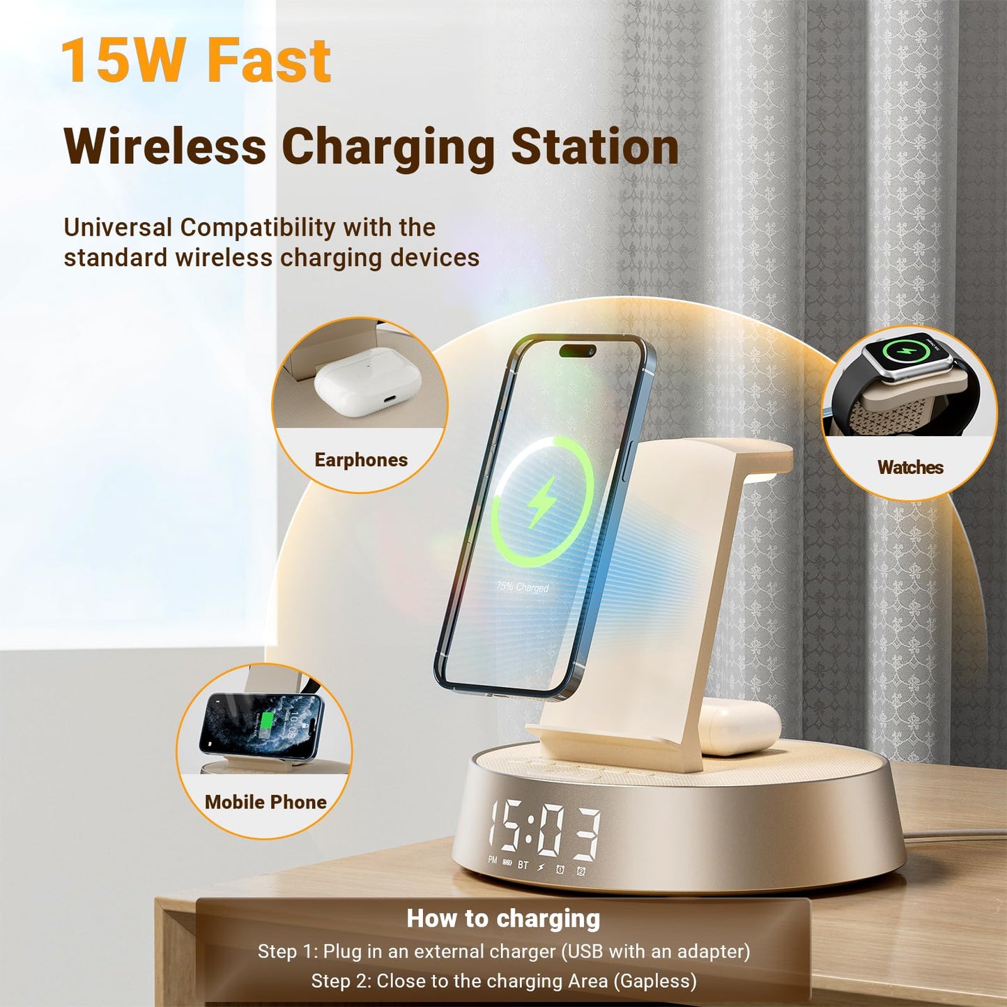 7 in 1 Wireless Charging Station, Alarm Clock for Bedroom with Dimmable Night Light Bluetooth Speaker, Dock Station for iPhone 16 15 14 13 12 11 Pro Max, Apple Watch, AirPods Pro