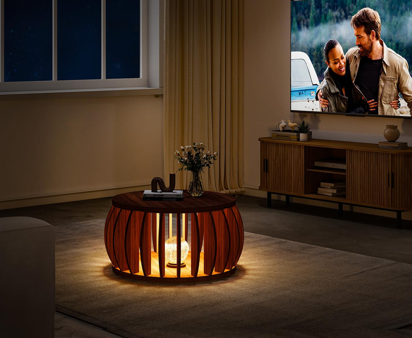 Bifins Drum Coffee Table with Storage,31.5” Wood Round Coffee Table,Farmhouse Pumpkin-Shaped Center Table for Living Room Home Office (Walnut)